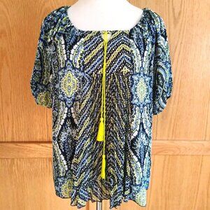 One World Blue Paisley Peasant Top M Boho Pleats Tassels Raglan Puff Sleeve